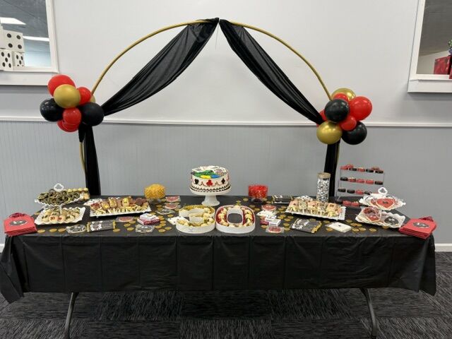 Balloon arch and styled dessert table